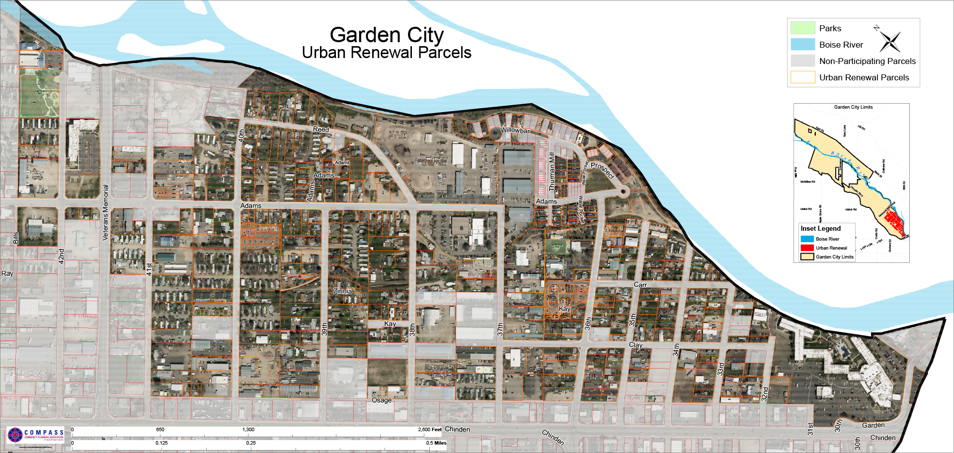 A map of Garden City showing urban renewal parcels, non-participating parcels, parks, and the Boise River, with a location inset and labeled streets.